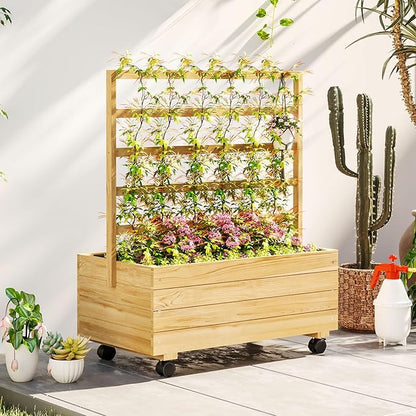 Outsunny Raised Garden Bed with Trellis and Wheels, Outdoor Wooden Elevated Planter Box, Freestanding Raised Flower Bed for Climbing Plants, Flowers, Herbs and Vegetables, Natural