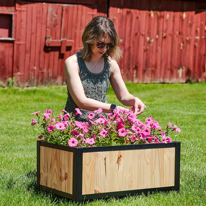 Sunnydaze Steel-Framed Acacia Wood Rectangular Planter Box - 15.5" H Wooden Raised Garden Bed with Removable Planter Bag - Natural