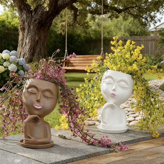 1 PCS Face Planter Pot Cute Lady Face Resin Succulent Planters with Drainage Holes Indoor Outdoor Coffee Table and Garden Balcony Decor Gift IdeaI for Mother Christmas (Brown)
