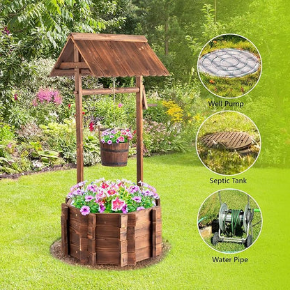 VINGLI Wooden Wishing Well Outdoor Planters, Well Covers for Yard with 2 Reinforced Rods, Height Adjustable Hanging Bucket, Rustic Flower Pot Home Decor for Outside Patio Garden