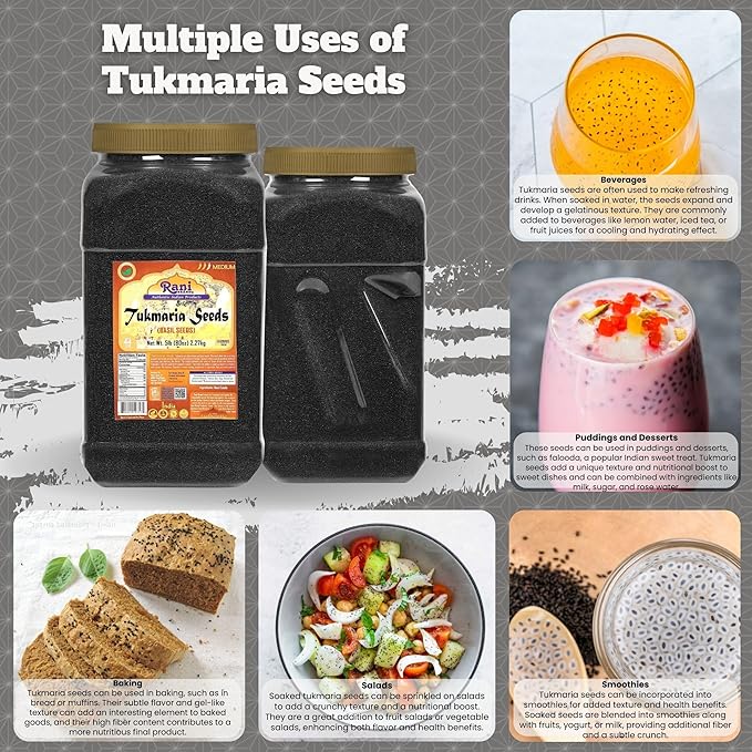 Rani Tukmaria (Holy Basil Seeds) 80oz (5lbs) 2.27kg PET Jar Used for Falooda / Sabja Dessert, Spice & Ayurveda Herbal ~ All Natural | Gluten Friendly | NON-GMO | Kosher | Vegan | Indian Origin