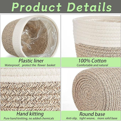 3 Pcs Cotton Rope Plant Basket with Plastic Liner Rustic Plant Basket Planters Modern Woven Decorative Pots for Home Flower Indoor Storage Decor, 7.5 x 6.5 Inches(White, Beige)