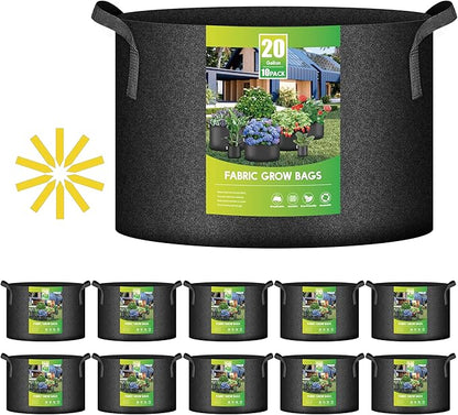 iPower 10-Pack 20 Gallon Thickened Grow Bags Nonwoven Fabric Pots Aeration Container with Strap Handles for Garden and Planting, Black
