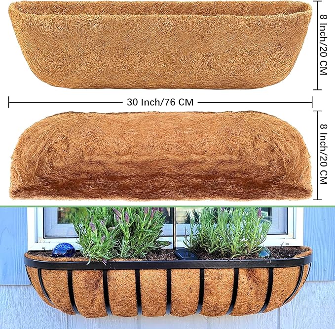 Coco Liners for Planters - 4 Pack 30 Inch Trough Coconut Liners for Planters, Window Box Coco Liners, 100% Natural Coconut Fiber Liners for Wall Hanging Basket, Window Box, Fence Baskets
