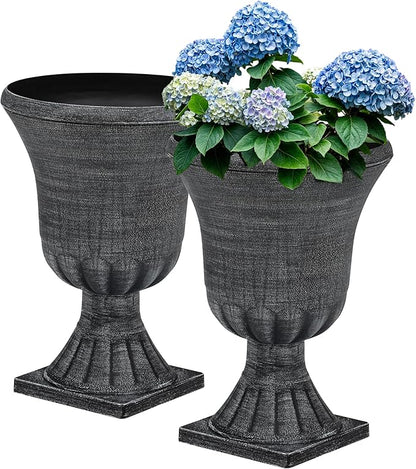 22" Large Urn Planters Set of 2, Washed Black Planters for Indoor Outdoor Plants, Versatile Outdoor Flower Pots w/Drainage Holes for Balcony, Patio, Garden, Porch & Living Room Decor