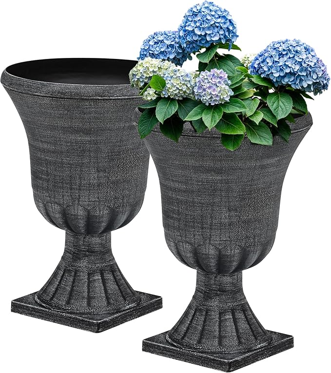 22" Large Urn Planters (Set of 2), Handmade Washed Black Plastic Flower Pots, Weatherproof for Porch, Garden, Patio or Home Décor