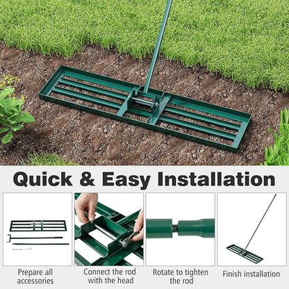 42" x 10" Lawn Leveling Rake, Heavy Duty Landscape Rake with 67" Handle, Non-Slip Grip & Flat Head, Space-Saving Lawn Level Tool for Garden, Backyard, Golf Course & Sports Field(Green)