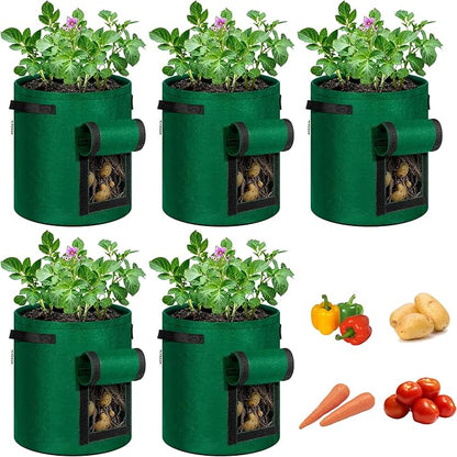 VIVOSUN 5-Pack 7 Gallon Potato Grow Bags for Growing Potatoes, Fabric Potato Pots with Handle and Roll-up Window, Potato Growing Containers Potato Planter Potato Planter for Growing Potatoes, Green