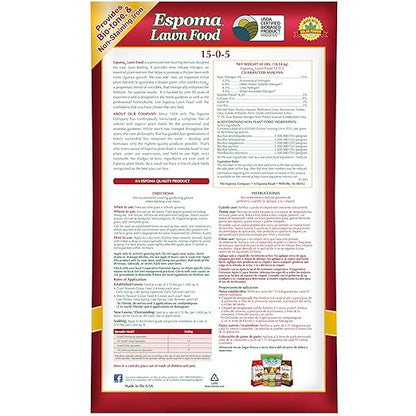 Espoma Lawn Food for All Seasons;15-0-5 Analysis with Non-Staining Iron; Exclusive Bio-Tone Formula with Long Lasting Slow Release Nitrogen for a Greener Lawn. 40 lb. Bag Covers up to 12,000 Sq. Ft.
