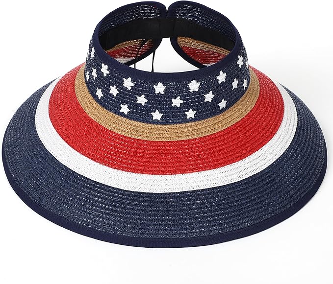 Womens Beach Straw Sun Hats Ponytail Hole Wide Brim Summer Visor Foldable Hat Sun Protection Packable for Travel Pool