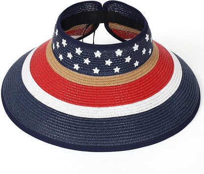 Womens Beach Straw Sun Hats Ponytail Hole Wide Brim Summer Visor Foldable Hat Sun Protection Packable for Travel Pool