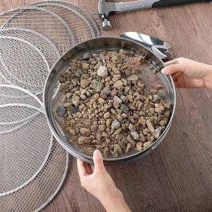 Bonuci 10 Pcs 12 Inch Soil Sieve Stainless Steel Sieve Set Garden Soil Sifter Potting Mix Sifter with 8 Interchangeable Filter Mesh 2, 3, 5, 6, 7, 9, 10, 12 mm and Shovel for Garden Compost(Silver)