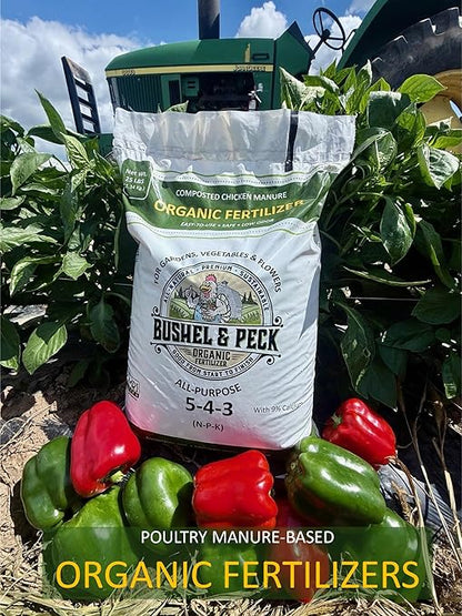 Bushel & Peck Organic Compost Fertilizer 5-4-3 - Pelleted Poultry Manure | OMRI Listed | Natural Soil Amendment for Gardens, Flowers, Vegetables & Lawns (50 Pounds (2 Bags))