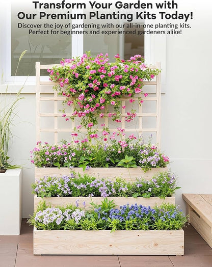 GarveeLife 3-Tier Raised Garden Bed,Wooden Vertical Planters with Trellis & Open-Ended Base for Climbing Plants Vines Flower Herb Vegetable Fruit,Outdoor Planter Boxes for Patio Yard Lawn