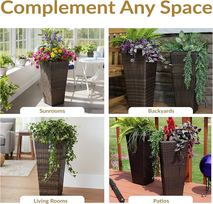 Sunnydaze Set of 2 Square Tall Wicker Planters - Polyrattan Rectangular Large Plastic planters for Outdoor Plants - 24-Inches Tall - Brown