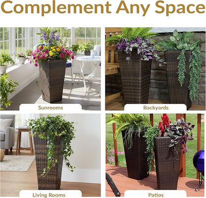 Sunnydaze Set of 2 Square Tall Wicker Planters - Polyrattan Rectangular Large Plastic planters for Outdoor Plants - 24-Inches Tall - Brown