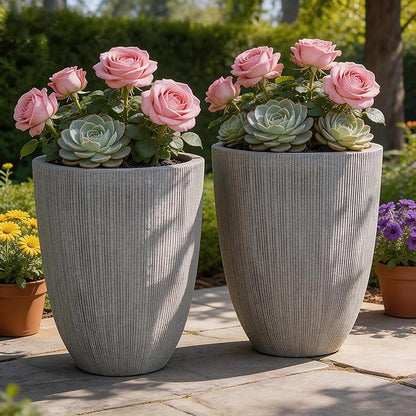 19" Tall Planter for Indoor Outdoor Plants, Set of 2 Large Flower Pot with Drainage Hole, Weather/UV-Resistant Resin Planters for Garden Patio Porch Home office Decor, Mediterranean Beige Fluted