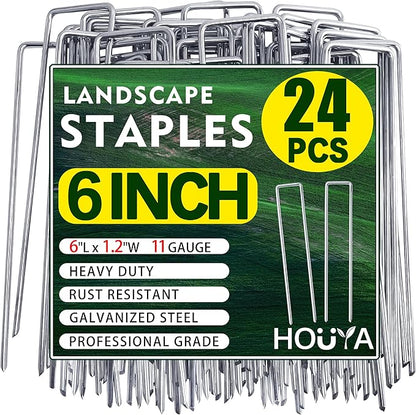 24 PCS Landscape Staples 6 Inch Galvanized Garden Stakes Garden Staples Pins Anti-Rust Ground Stakes for Weed Barrier, Irrigation Hose, Yard Lawn SOD, Landscape Fabric, Decor 6" L x1.2 W 24 pcs