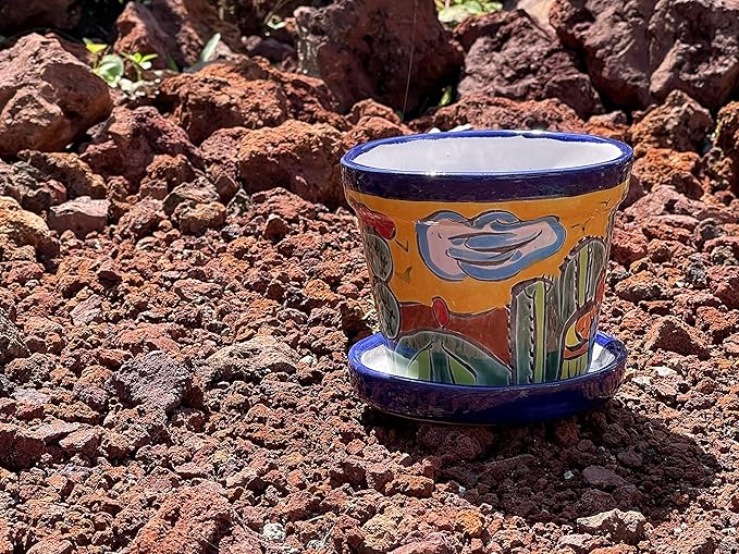 Talavera Mexican Pottery Planters with Saucer 4" Rancherito - Cactus - Sun Pot Hand Painted Ceramic Plant Pot Planter Indoor Outdoor (Rancherito)