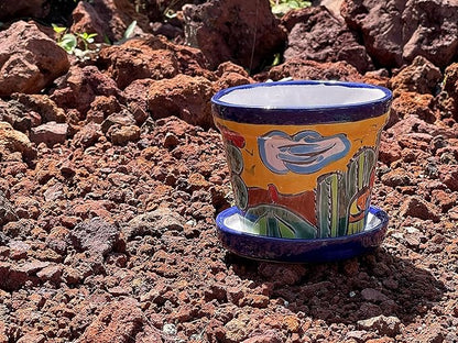 Talavera Mexican Pottery Planters with Saucer 4" Rancherito - Cactus - Sun Pot Hand Painted Ceramic Plant Pot Planter Indoor Outdoor (Rancherito)