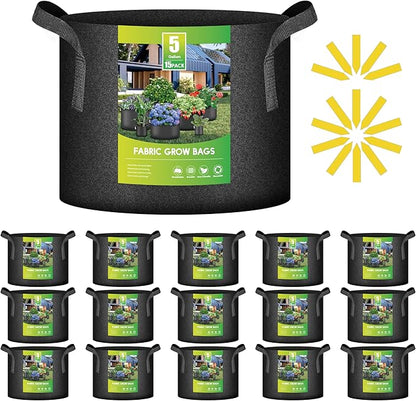 iPower 15-Pack 5 Gallon Thickened Grow Bags Nonwoven Fabric Pots Aeration Container with Strap Handles for Garden and Planting, Black