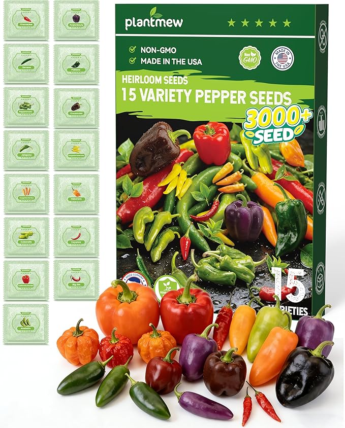3000+ Heirloom Pepper Seeds Collection - 15 Varieties Non-GMO USA-Sourced Hot & Sweet Seeds for Planting: Cayenne, Cubanelle, Habanero, Poblano, Serrano, Big Jim & Bell for Garden