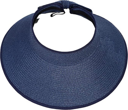 Womens Beach Straw Sun Hats Ponytail Hole Wide Brim Summer Visor Foldable Hat Sun Protection Packable for Travel Pool
