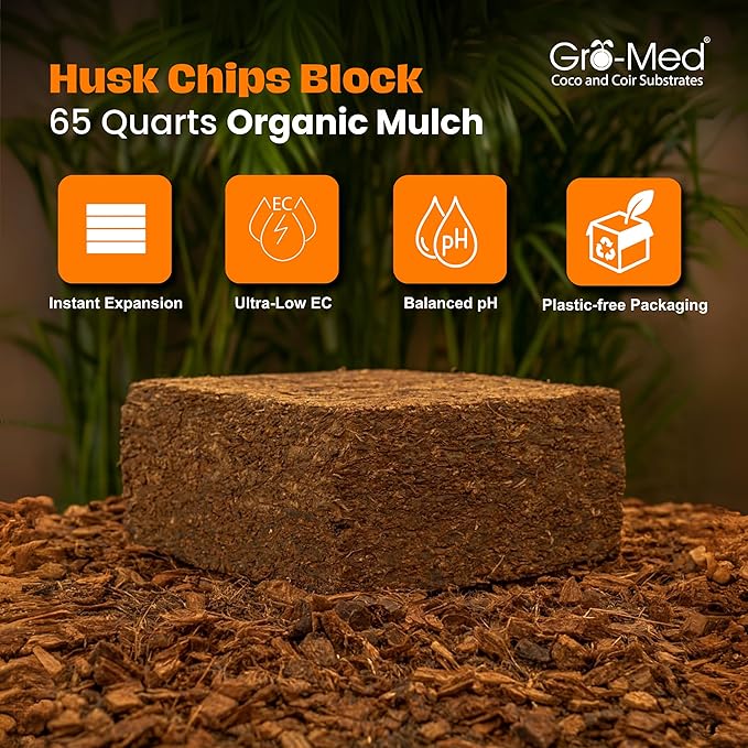 Gro-Med Coco Husk Chips for Plants (10lb) Compressed Coconut Chips Expands Upto 16 Gallon Coco Coir Mulch for Gardening,Potting & Garden Soil -Orchid Bark Alternative,OMRI Listed,Low EC & pH Balanced