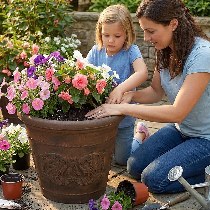 Sunnydaze 19.5-Inch Arabella Large Plastic Pot for Plants - Outdoor Double-Walled Polyresin Large Plastic Planter with Drillable Drainage Holes - Rust