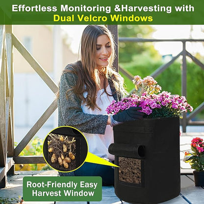 2-Pack 15-Gallon Grow Bags with 2 Flaps and Reinforced Handles,Non-Woven Potato Grow Bags, Heavy-Duty Thickened Aeration Fabric Pots for Potatoes, Tomatoes, Flowers, and Vegetables
