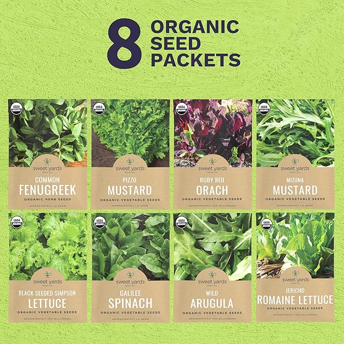 Organic Heat Tolerant Lettuce Seeds Variety Pack - 8 Individual Packs - 2026 Season - Galilee Spinach, Wild Arugula, Romaine Lettuce & More! for Indoor & Outdoor Planting (Non-GMO, Certified Organic)