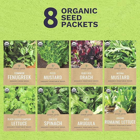Organic Heat Tolerant Lettuce Seeds Variety Pack - 8 Individual Packs - 2026 Season - Galilee Spinach, Wild Arugula, Romaine Lettuce & More! for Indoor & Outdoor Planting (Non-GMO, Certified Organic)