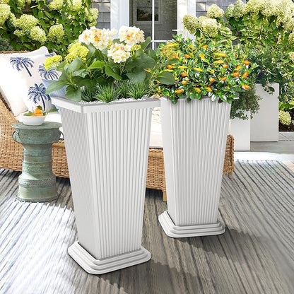 Set of 4 24" Tall Plastic Planters with Trays, Large Tapered Plant Pots for Indoor Outdoor Use, Modern Decorative Planters for Porch, Patio, Garden, and Backyard