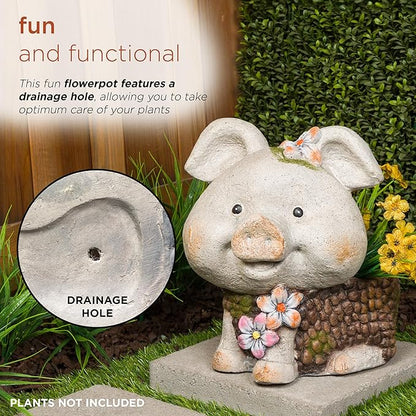 Alpine Corporation WQA1596 Smiling Pig Statue Planter w/Drainage Hole, Stylish Decor for Garden, Patio, & Lawn, 13" H, Gray