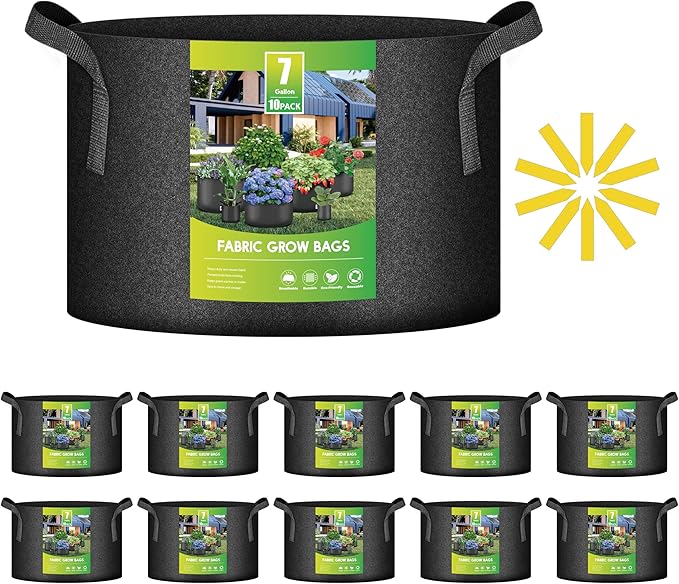 iPower 7 Gallon 10 Pack Grow Bags Nonwoven Fabric Pots Aeration Container with Strap Handles for Garden and Planting, 10-Pack Black, 7 Gallon
