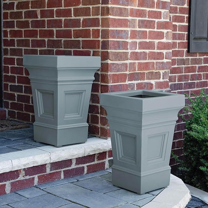 Step2 Atherton Square Planter, Large Planters for Outdoor Plants, Gardening and Flower Pot for Patio or Porch, Efficient Drainage, Durable Plastic, Sage Gray, 2-Pack