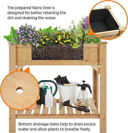 Topeakmart Wood Elevated Herb Garden Planters Vegetable Growing Bed Flower Plant Boxes for Small Spaces with Grow Grid, Fabric Liner, Protective Gloves & Legs