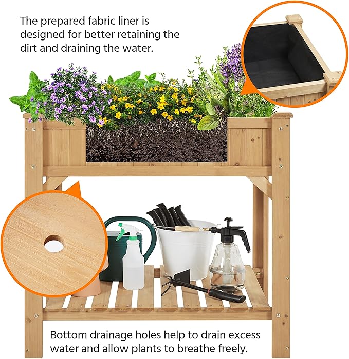 Topeakmart Wood Elevated Herb Garden Planters Vegetable Outdoor Growing Bed Flower Plant Boxes for Small Spaces with Grow Grid, Fabric Liner, Protective Gloves & Legs, 2pcs