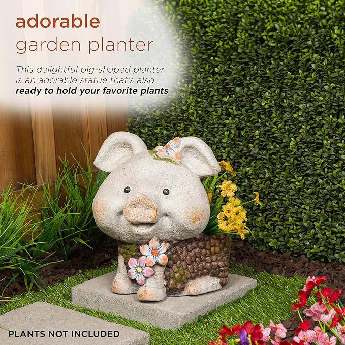 Alpine Corporation WQA1596 Smiling Pig Statue Planter w/Drainage Hole, Stylish Decor for Garden, Patio, & Lawn, 13" H, Gray