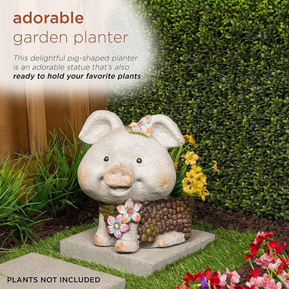 Alpine Corporation WQA1596 Smiling Pig Statue Planter w/Drainage Hole, Stylish Decor for Garden, Patio, & Lawn, 13" H, Gray