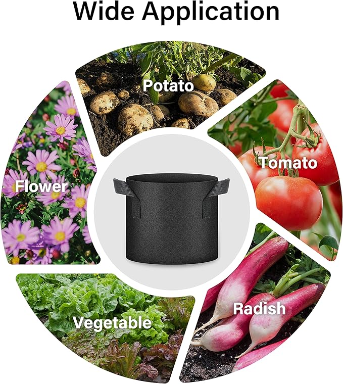 HealSmart Plant Grow Bags 3 Gallon, Tomoato Planter Pots 5-Pack with Handles, Aeration Nonwoven Fabric, Heavy Duty Gardening Planter for Vegetable, Herbs and Flowers, Black