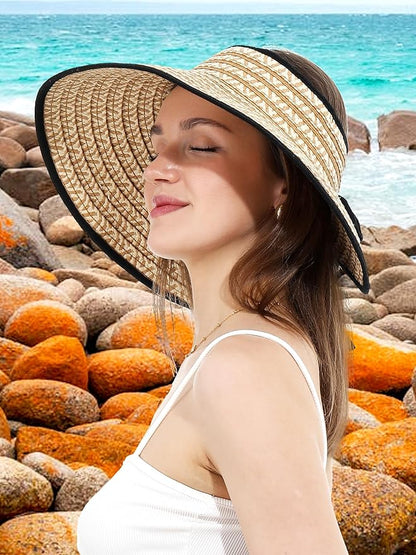 Womens Beach Straw Sun Hats Ponytail Hole Wide Brim Summer Visor Foldable Hat Sun Protection Packable for Travel Pool