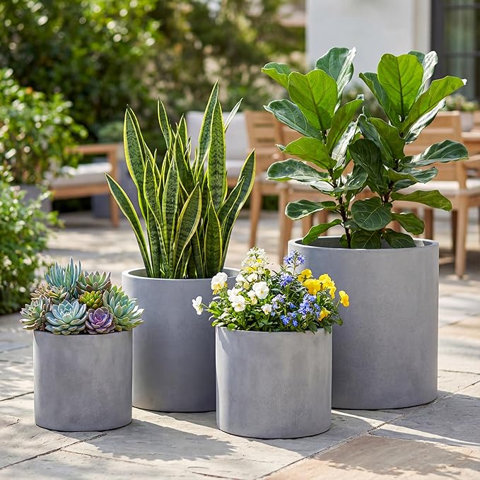 FaithLand Plant Pot 14 inch - Perfectly Fits Mid-Century Modern Plant Stand - Drainage Plug and Drainage Mesh Screen - Gray Planter Pot.