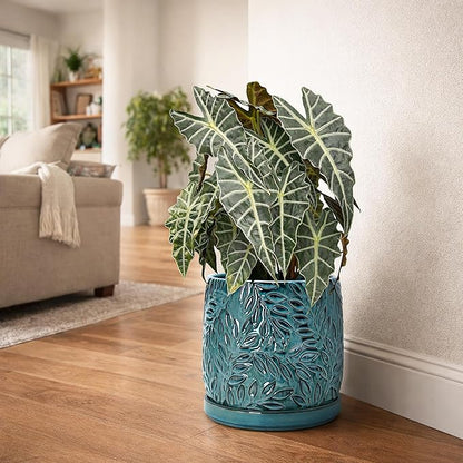 D'vine Dev 10 Inch Embossed Leaves Stoneware Planter Pot with Drainage Hole and Saucer, Ocean Teal, 27-A-P-8