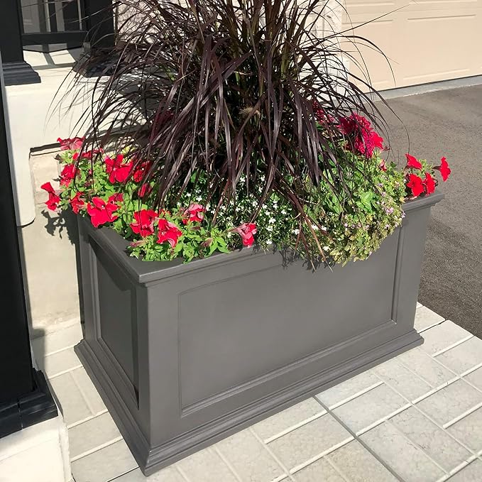 Mayne Fairfield 20x36-Inch Rectangular Planter – Self-Watering, Weather-Resistant Planter for Flowers – Durable Outdoor Design for Patio, Porch, or Entryway, Graphite Grey