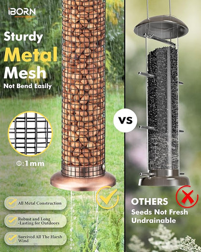 iBorn Metal Peanut Bird Feeders for Outdoors - 14" Peanut & Sunflower Seed Feeder, Hanging Metal Mesh Mixed Seed Bird Feeder with Easy-Clean Design for Woodpeckers, Jays, Titmice,Copper