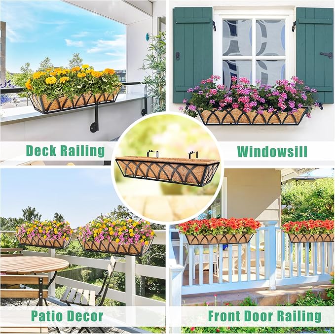6pcs 24 Inch Window Deck with Coco Liner, 24" Window Boxes Horse Trough with Coconut Coir Liner, Metal Hanging Flower Planter Window Basket Deck Railing Planter Boxes for Outdoor Indoor Lawn