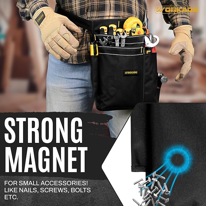 Magnetic 8-Pockets Single Side Tool Belt for Men & Women – Black Double-Layered Cordura Tool Bags/Pouches, Adjustable Quick-Release Buckle Tool Belt for Electrician, Carpenter, Plumber.