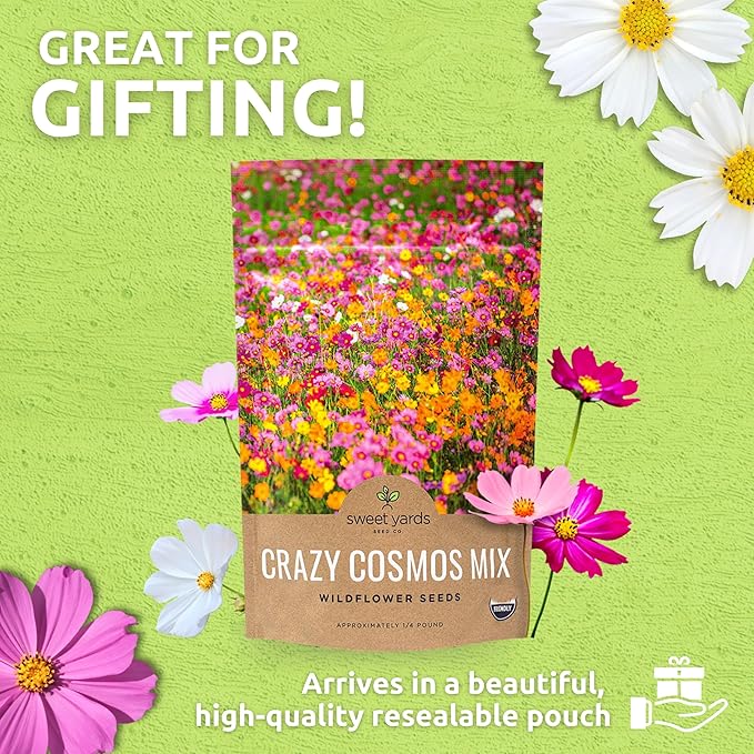 Sweet Yards Cosmos Seeds Wildflower Mixture - Bulk Quarter Pound Bag Over 20,000 Seeds - Pink, Yellow, Orange, Red, Purple and White Mixed Species - 7 Varieties Premium Quality for Planting Outdoors
