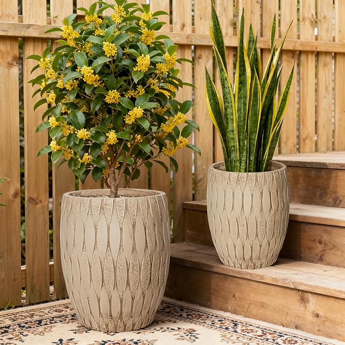 16" H x 14" Dia Weathered Concrete Planter, Large Indoor Outdoor Decorative Flower Pot with Drainage Hole, Modern Round Design for Home, Garden, Patio, Porch, or Courtyard, Vintage Yellow Stone Finish